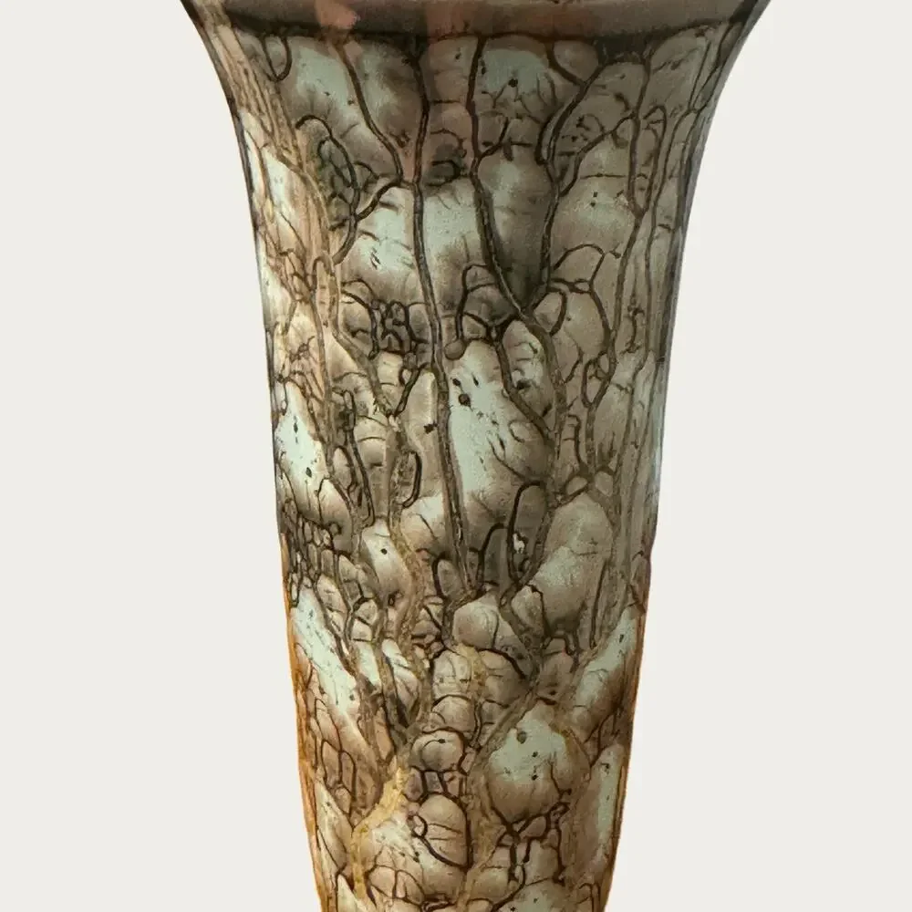 Vintage Handpainted Delftware Brass & Copper Ceramic Vase Teal & Gold Holland